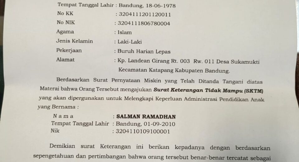 Ironis, Anak Tidak Mampu Tidak Di Terima Oleh SMK 1 Katapang Dalam Proses SPMB